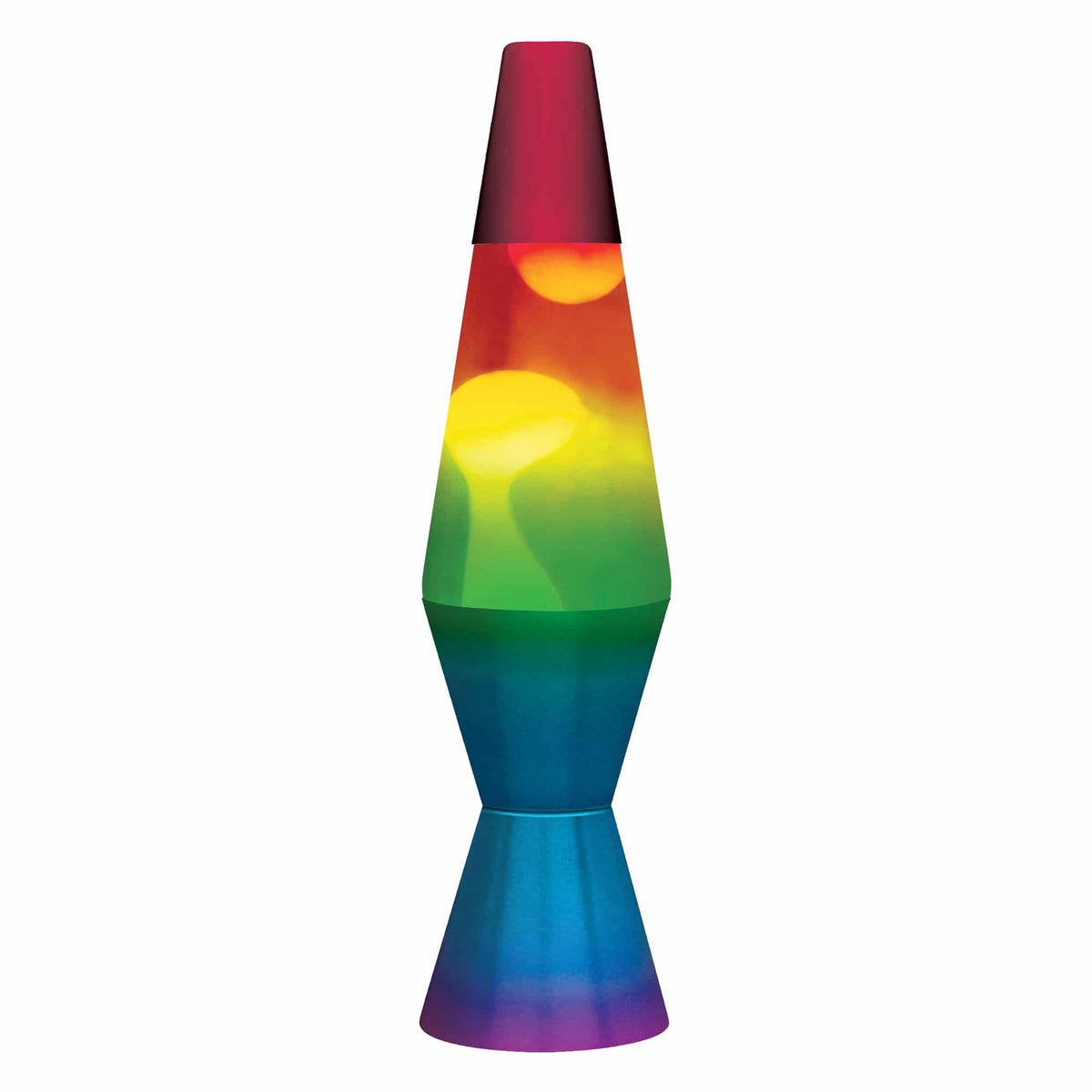 11.5” liquid motion® Lamp Rainbow – white wax, clear liquid, tricolor globe, rainbow base and cap