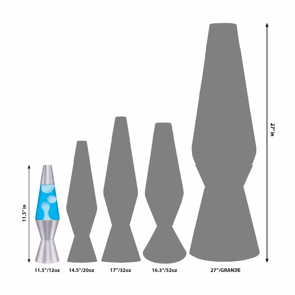 11.5” liquid motion® Lamp – White/Blue/Silver Size Comparison