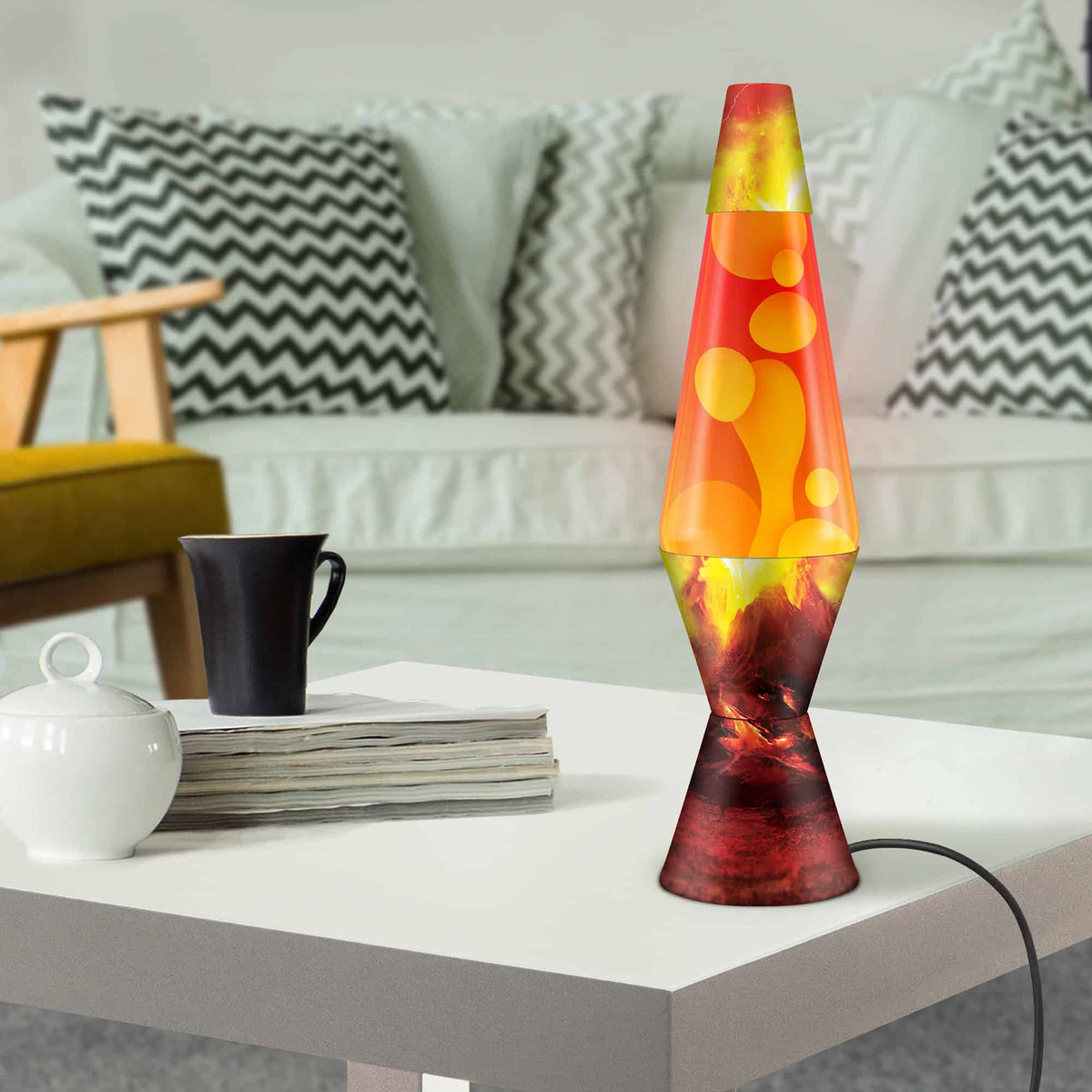 liquid motion lamp Erupting Crater on a living room side table