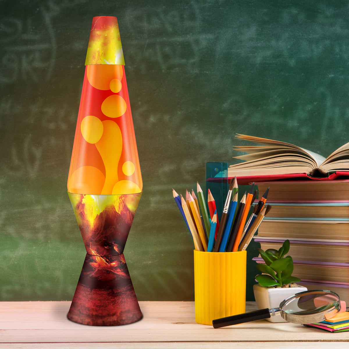 liquid motion lamp Erupting Crater on a classroom desk